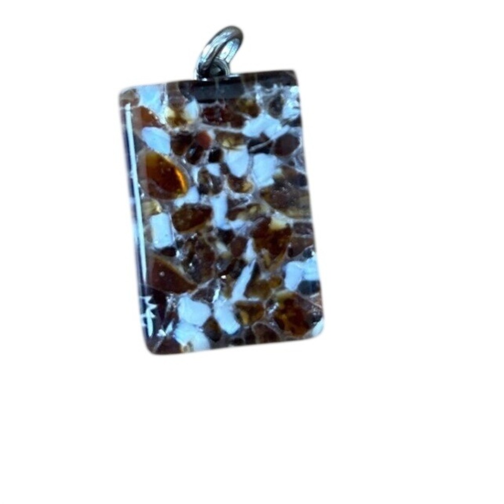 Murano Glass Pendant Rectangle Amber Brown White Mosaic Hand Made in Italy